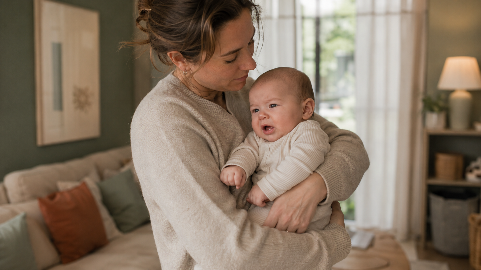 Mother embracing baby in the living room