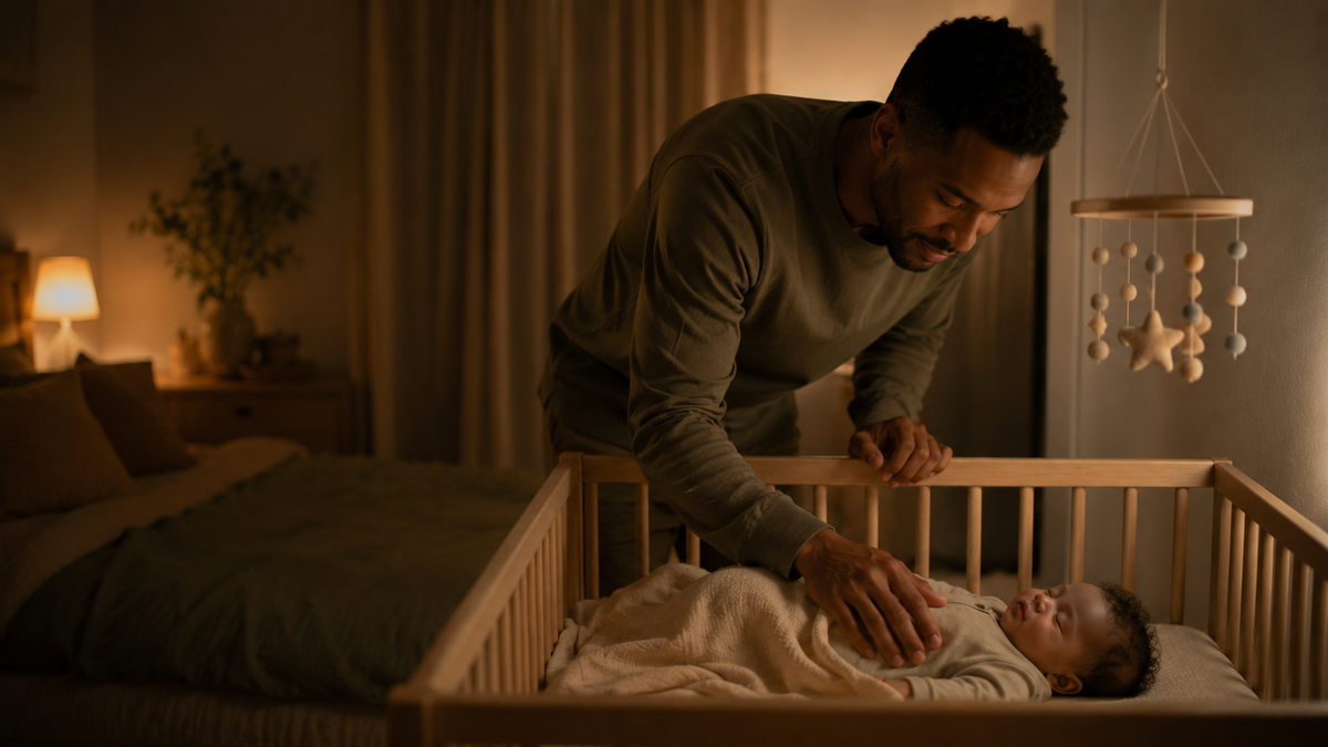 Father helping his baby fall asleep in the parents' room